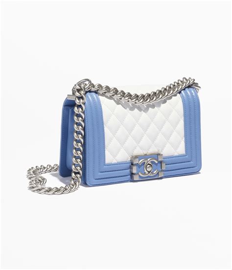 Small boy chanel handbag, Calfskin & silver metal, white & blue 